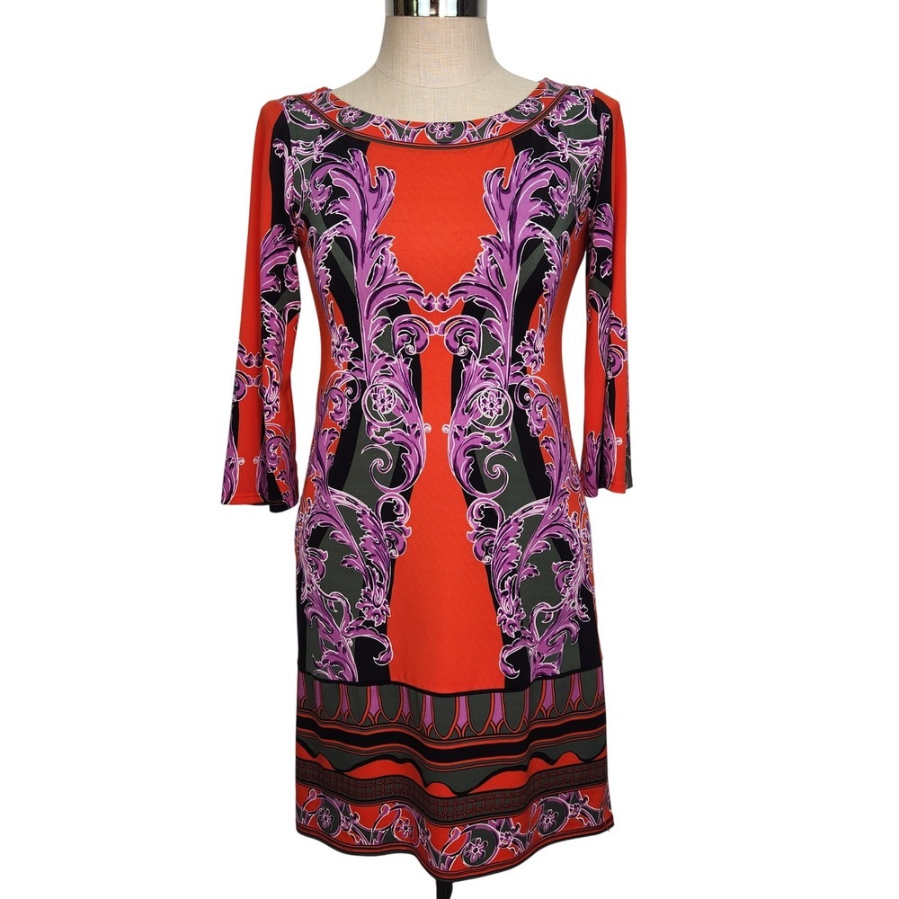 Hale Bob Dress Size S Red Purple Filigree‎ Print 3/4 Sleeve Career Round Neck